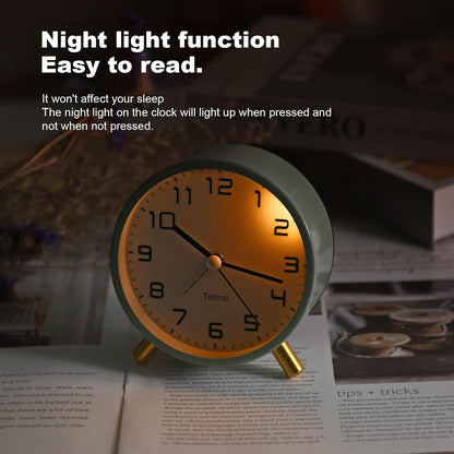 Tetino Analog Alarm Clocks,Retro Metal Desk Silent Non Ticking Small Clock with Night Light,Battery Operated,Simple Design,for Bedrooms, Bedside,Office,Home Décor (Green)