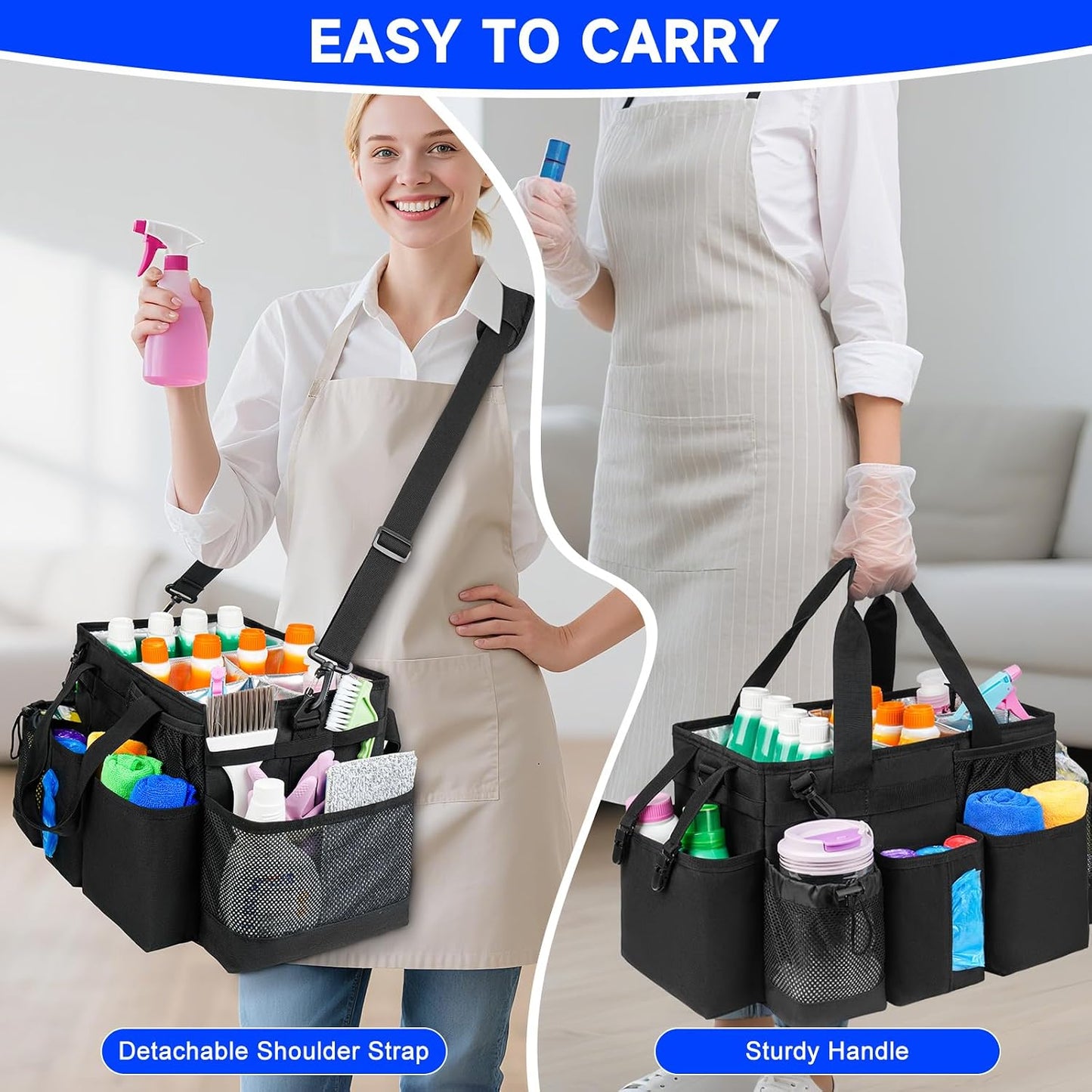 Cleaning Caddy Bag, Extra Large Cleaning Supply Bag for Housekeepers,Black | Sturdy Cleaning Caddy Organizer for Cleaning Supplies with Handle and Adjustable Shouder Strap, Easy to Clean Design