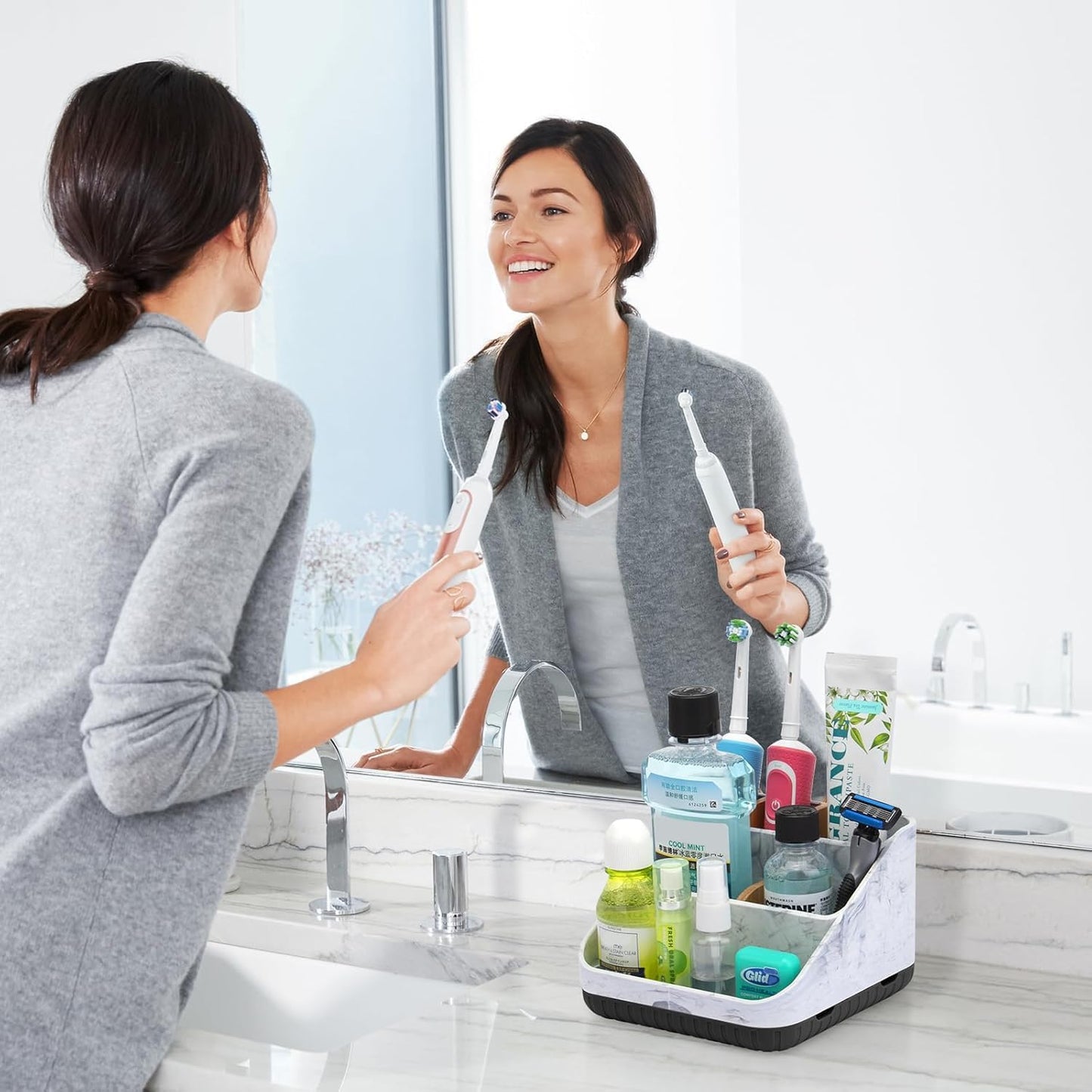 Toothbrush Holders for Bathrooms,6 Slots, Detachable for Easy Clean, White | Electric Toothbrush, with bamboo divider, drainage hole, BPA-free,bathroom,office,kictchen,vanity countertop organizer