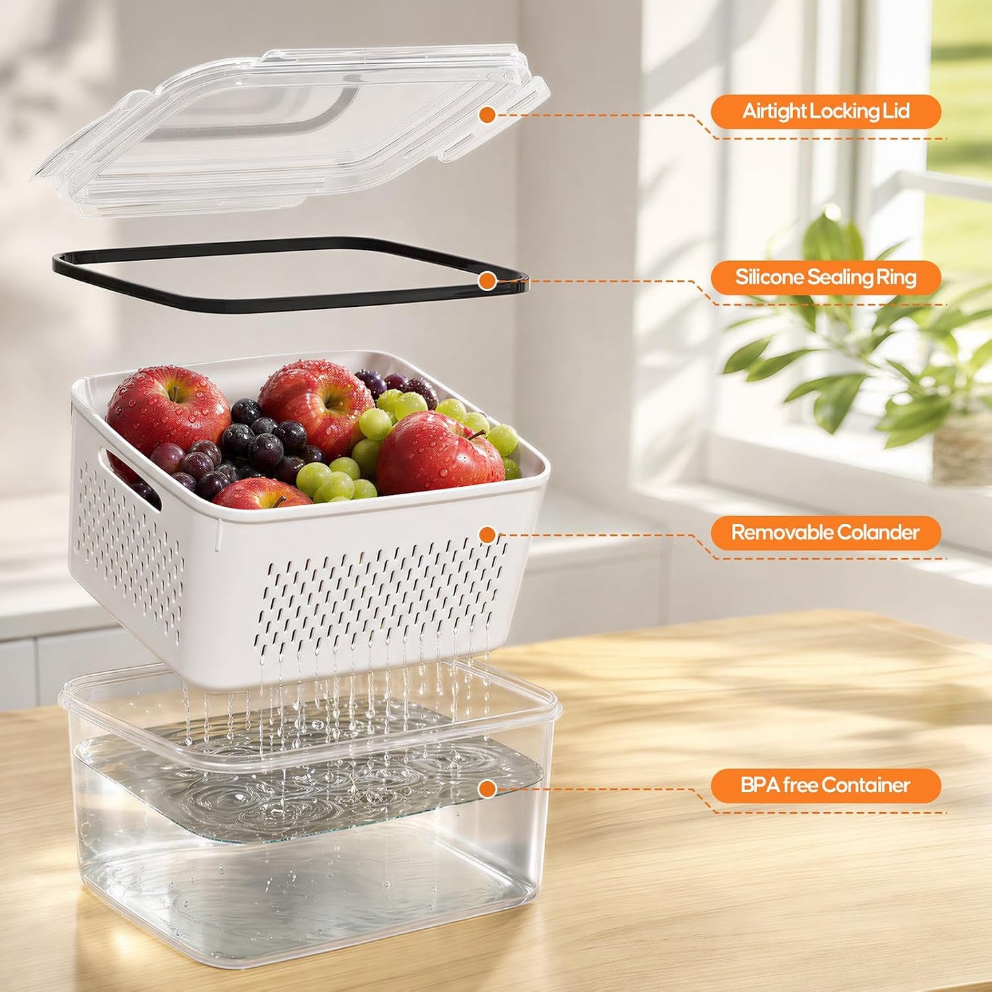 JSCARES Fruit Storage Containers for Fridge with Removable Colander, 6 Pack | Plastic Produce Saver for Refrigerator, Fruit Organizers Keep Berry Veggie Fresh Longer, Dishwasher Safe, Largest 6.55 Quart