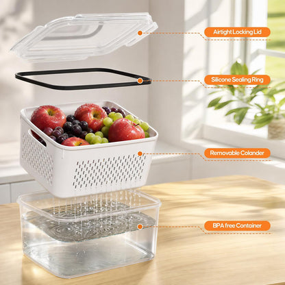 JSCARES Fruit Storage Containers for Fridge with Removable Colander, 6 Pack | Plastic Produce Saver for Refrigerator, Fruit Organizers Keep Berry Veggie Fresh Longer, Dishwasher Safe, Largest 6.55 Quart