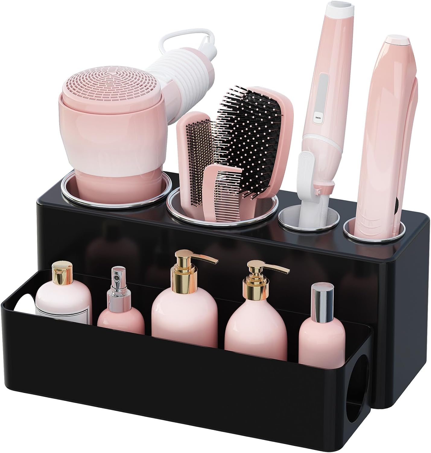 Lifewit Hair Tool Organizer Dryer Holder Countertop with 4 Cups, Black | 4 Stainless cups Tools Organizer, Acrylic body Hair Product Storage for Curling Iron, Brush, Straightener, Bathroom