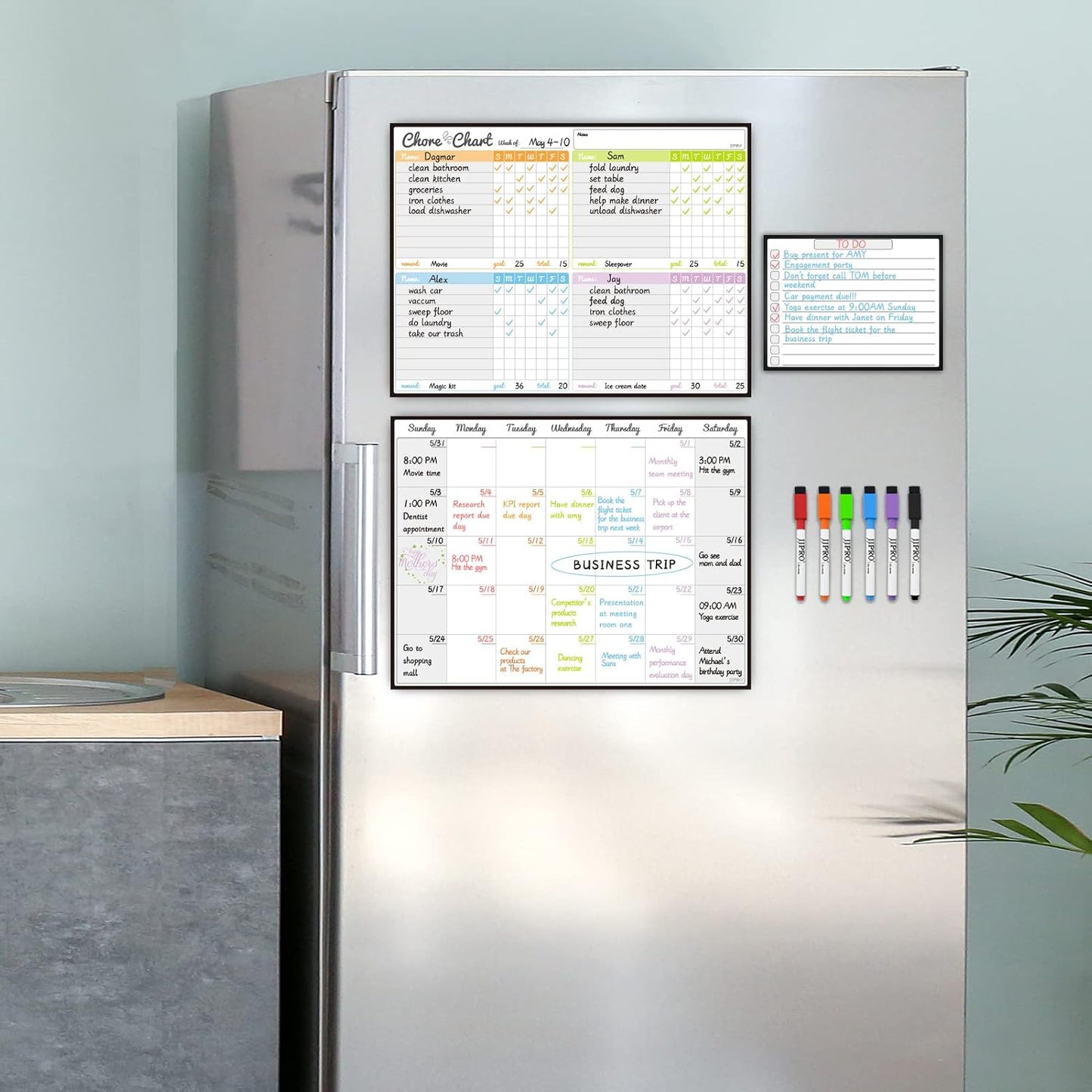 JJPRO Magnetic Dry Erase Chore Chart Set for Fridge-Used for Multiple Kids-One Chore Chart and Two Bonus Dry Erase Pad/Grocery Boards-Behavior Chart for Multiple Kids