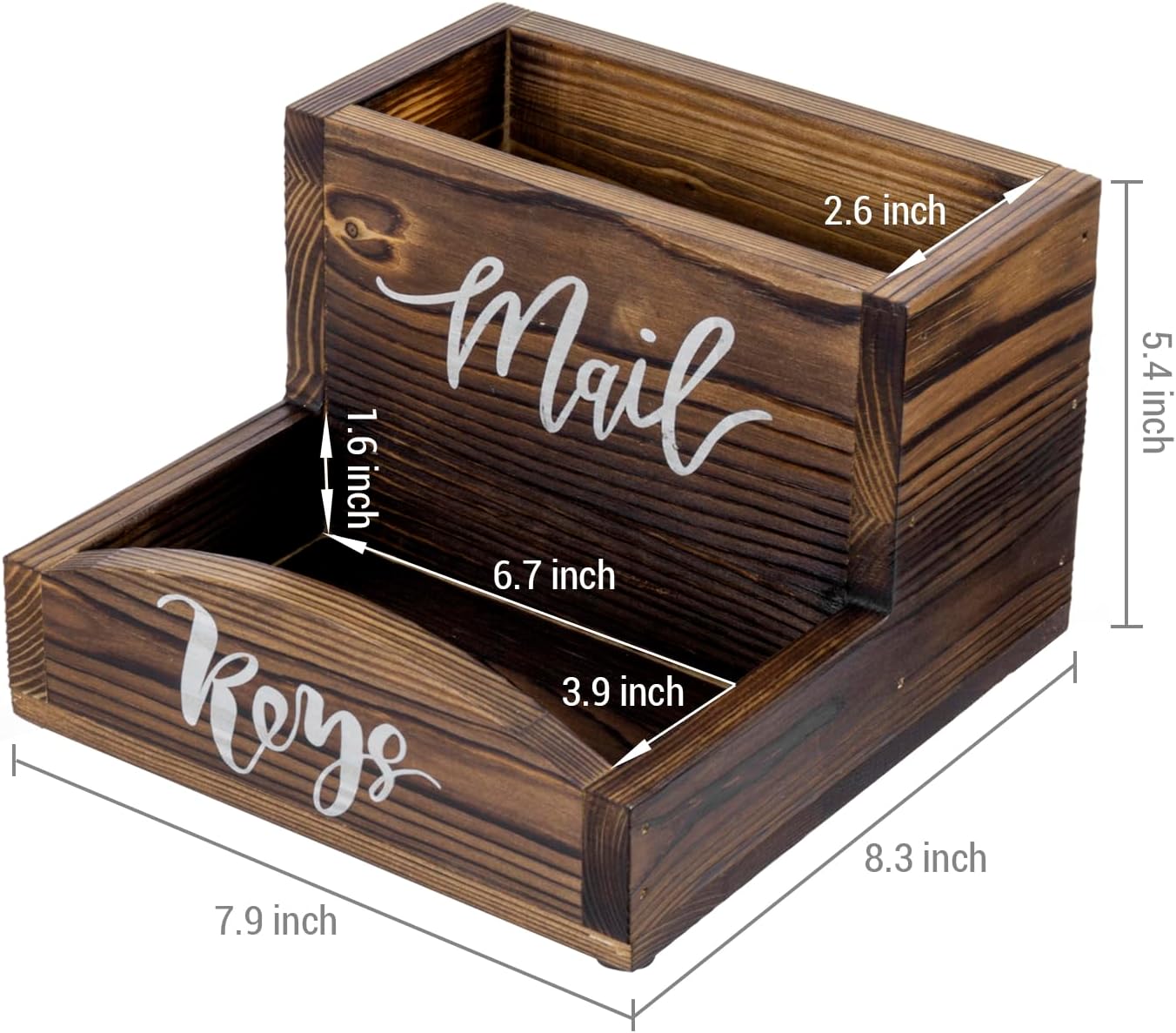 MyGift Rustic Torched Wood Mail Holder and Key Organizer Entryway Storage Tray with Cursive Mail and Keys Word Design, Office, Dorm, Classroom Desktop Organizing Bin