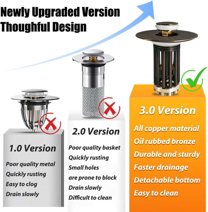 Anlige Bathroom Sink Drain Strainer, 3 in 1 Pop Up Bathroom Sink Stopper with Removable Brass Basket Hair Catcher, Universal Sink Plug for 1.06 to 1.6in Drain Hole, Chrome Silver