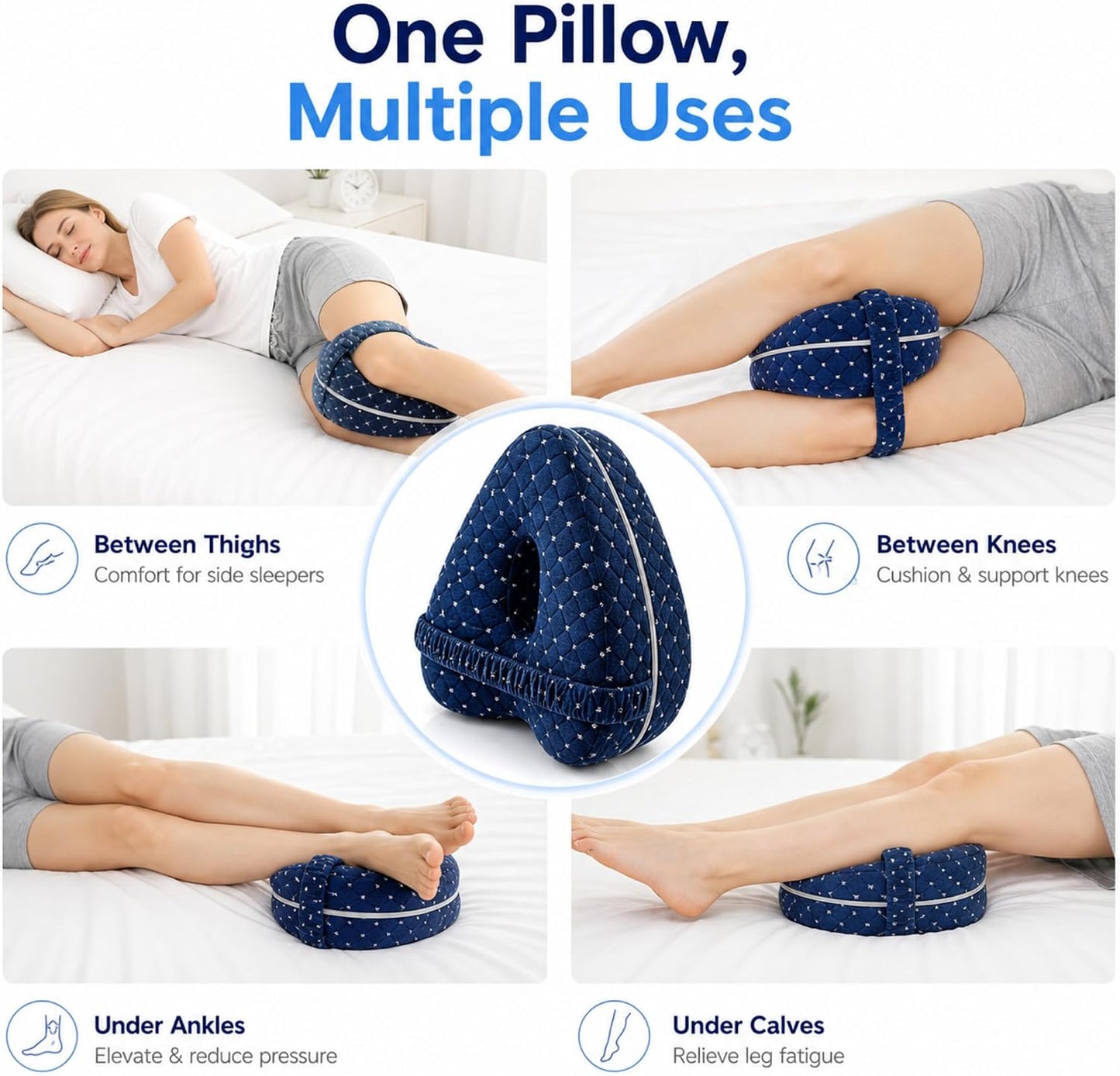 Alignment Pillow for Side Sleepers, Memory Foam Knee Pillow with Adjustable Strap, High-Density Leg Support for Hip, Back & Knee Pain Relief, Durable Side Sleeping Cushion (Navy Blue with White Dots)