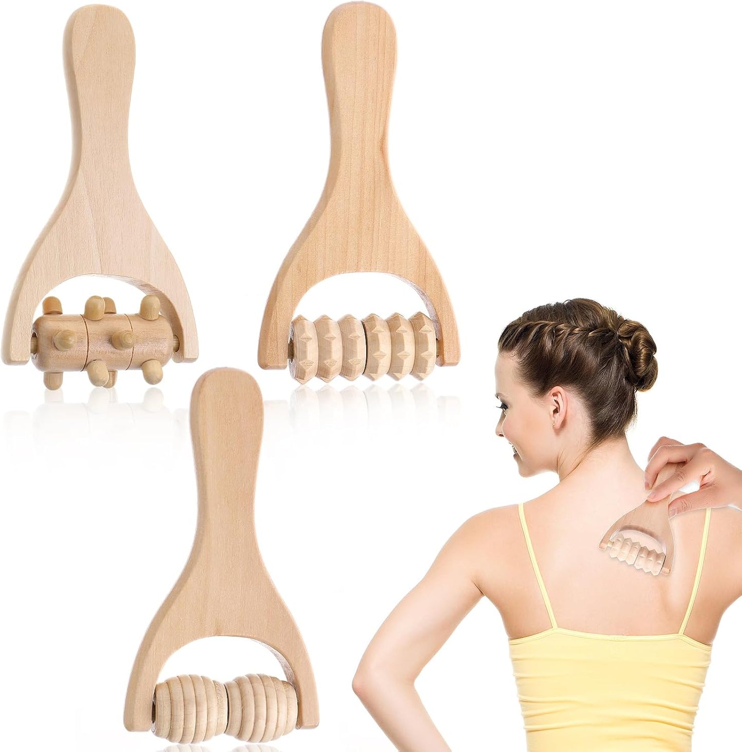 Abeillo 3Pcs Wooden Hand Massage Roller, Muscle Roller Stick, Manual Wood Therapy Massage Tools Massager Roller, for Relaxes Thigh, Leg, Hands Full Body Muscle Men Women