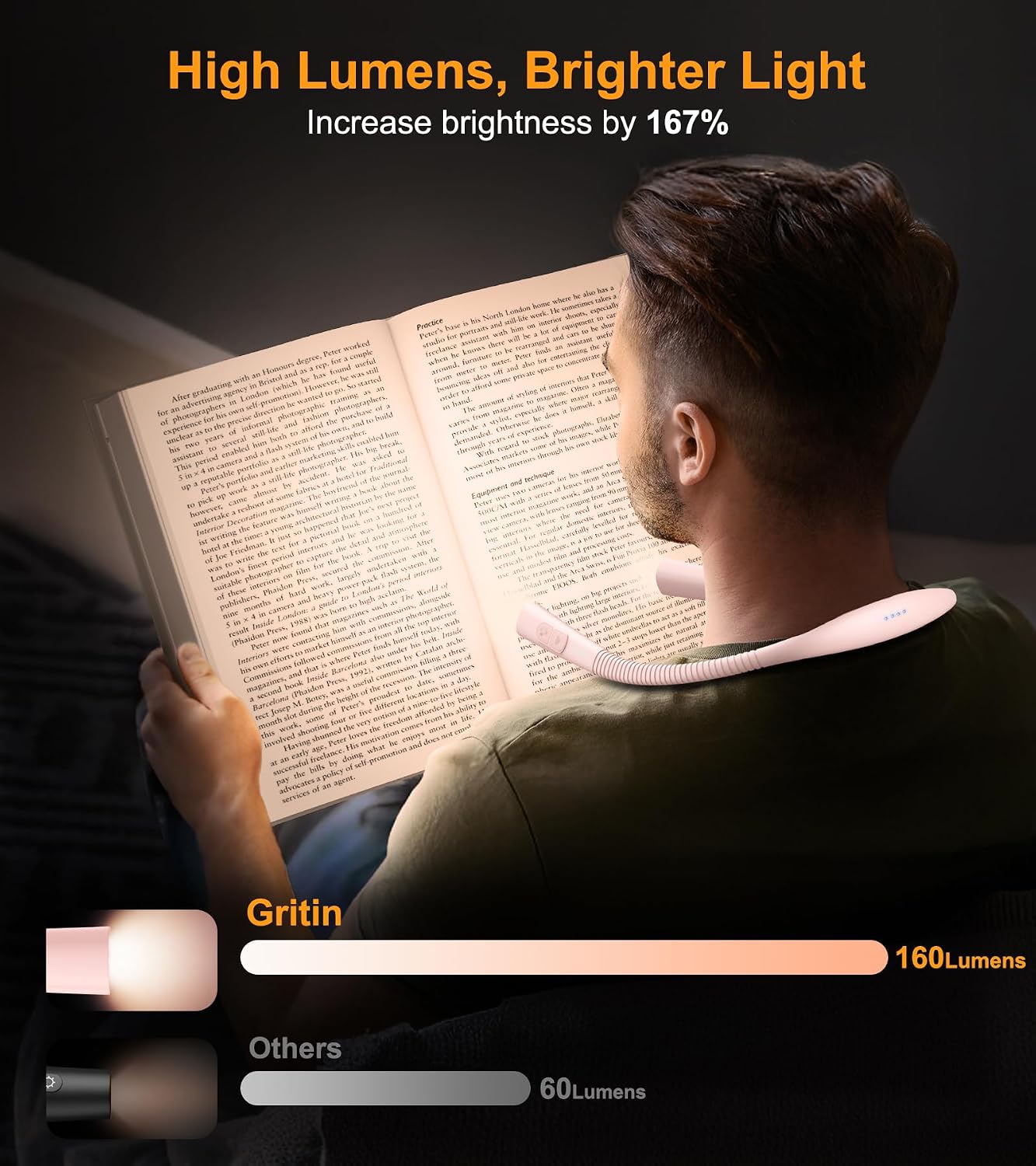 Gritin Book Light, Eye Caring 4-Color&5-Brightness Neck Light Reading Light | Stepless Dimming, 30-min Timer, 80+ Hrs Runtime, Bendable Round Neck Design, Lightweight for Reading, Knitting, Repairing