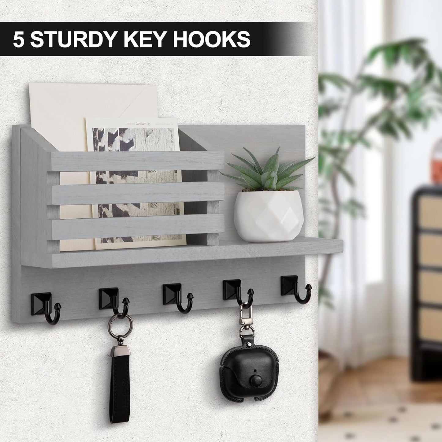Key Holder Wall Mount, Mail Organizer for Wall with 5 Square Key Hooks | Key Holder for Wall, Key Holder with Shelf Farmhouse Home Decor for Home Entryway