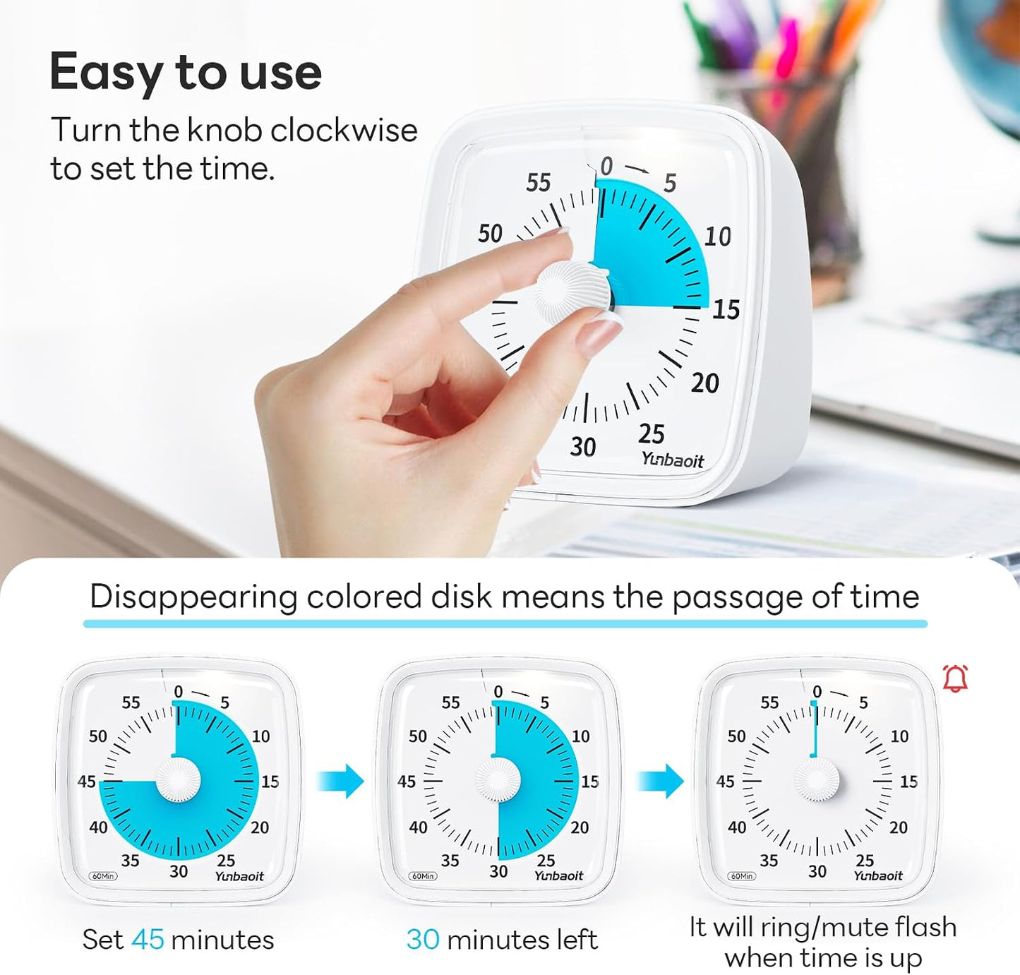 Yunbaoit Visual Timer with Night Light, 60 Minute Countdown, Light Blue | 3 Alarm Modes, Mute Flash, for Kids and Adults, Time Management Tool for Classroom, Home, School, and Work
