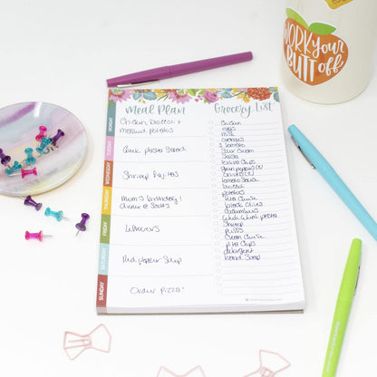 bloom daily planners Weekly Meal Planning Pad - Magnetic Hanging Refrigerator Menu Planner with Tear-Off Sheets & Perforated Grocery Shopping Lists - 6” x 9” (Pink Floral)