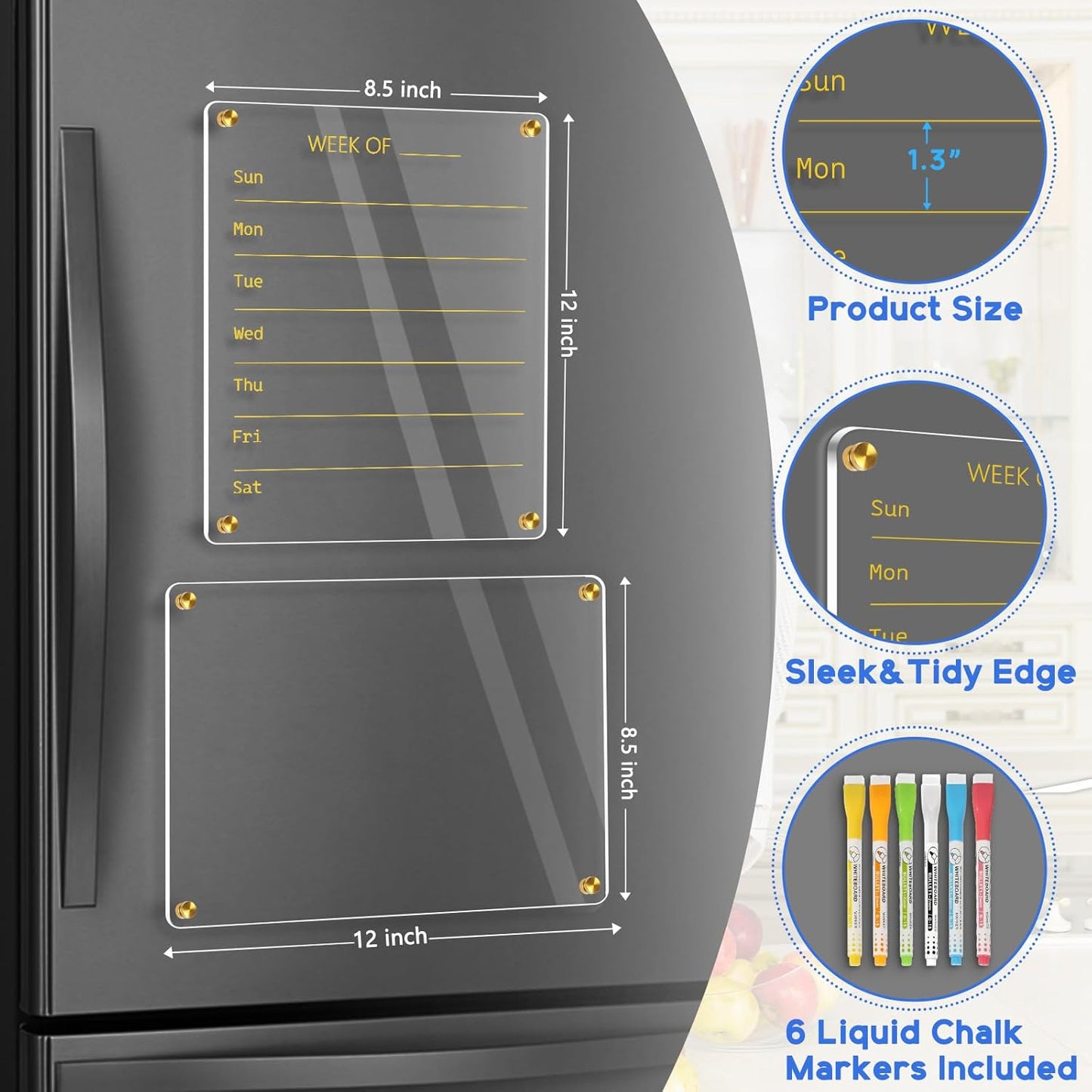 Acrylic Calendar for Fridge, Monthly Clear Acrylic Magnetic Dry Erase Board for Refrigerator, Set of 2 Stronger-Magnetic Reusable Fridge Planner, Includes 6 Liquid Chalk Markers