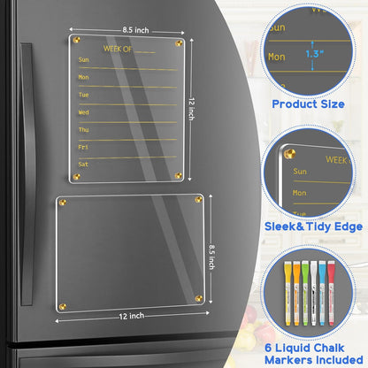 Acrylic Calendar for Fridge, Monthly Clear Acrylic Magnetic Dry Erase Board for Refrigerator, Set of 2 Stronger-Magnetic Reusable Fridge Planner, Includes 6 Liquid Chalk Markers