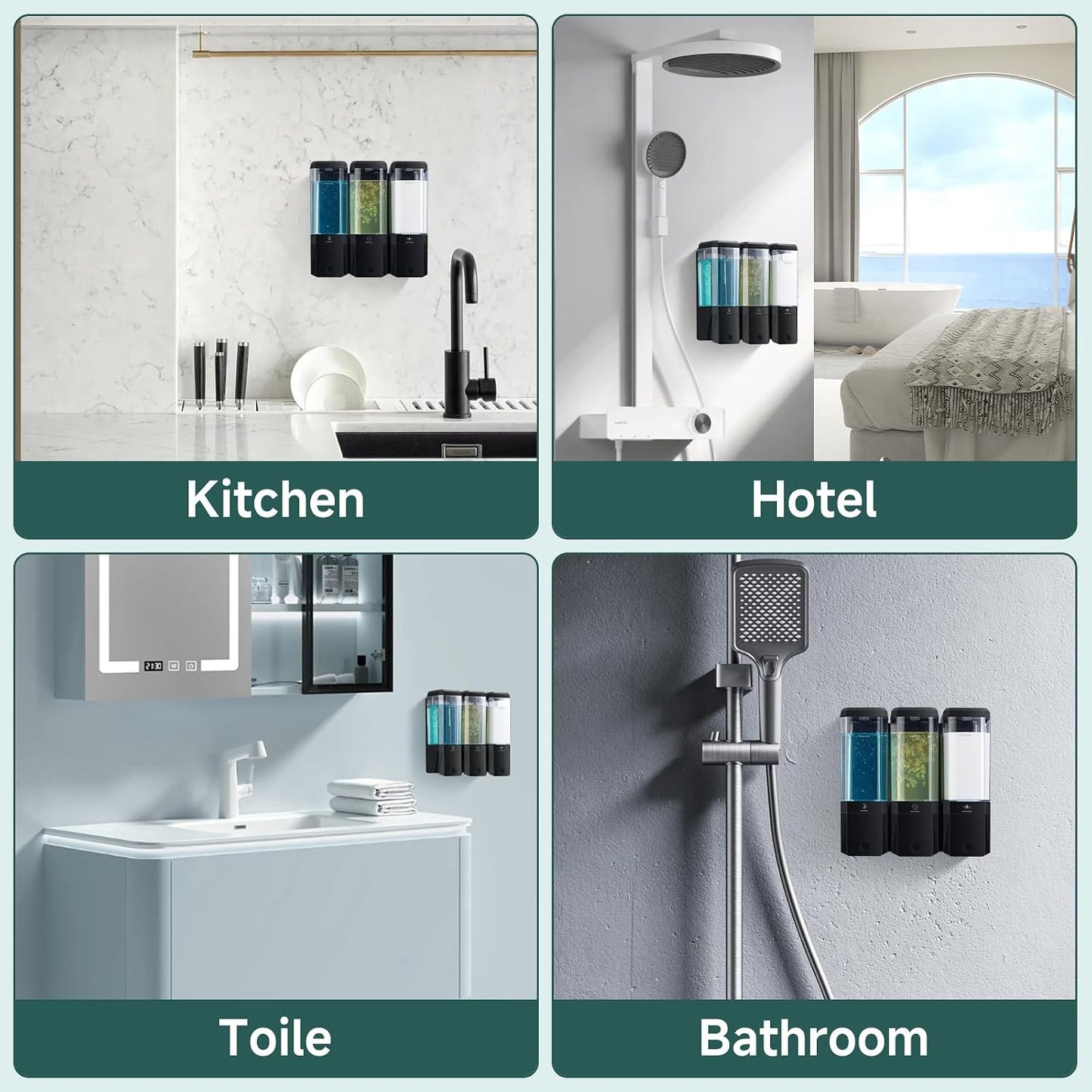 Shampoo and Conditioner Dispenser 3 Chamber No Drill Shampoo Dispenser for Shower Wall Mounted Shower Soap Dispenser 3 * 500ml Refillable Shower Dispenser for Bathroom Hotel(Black 3 Chamber)