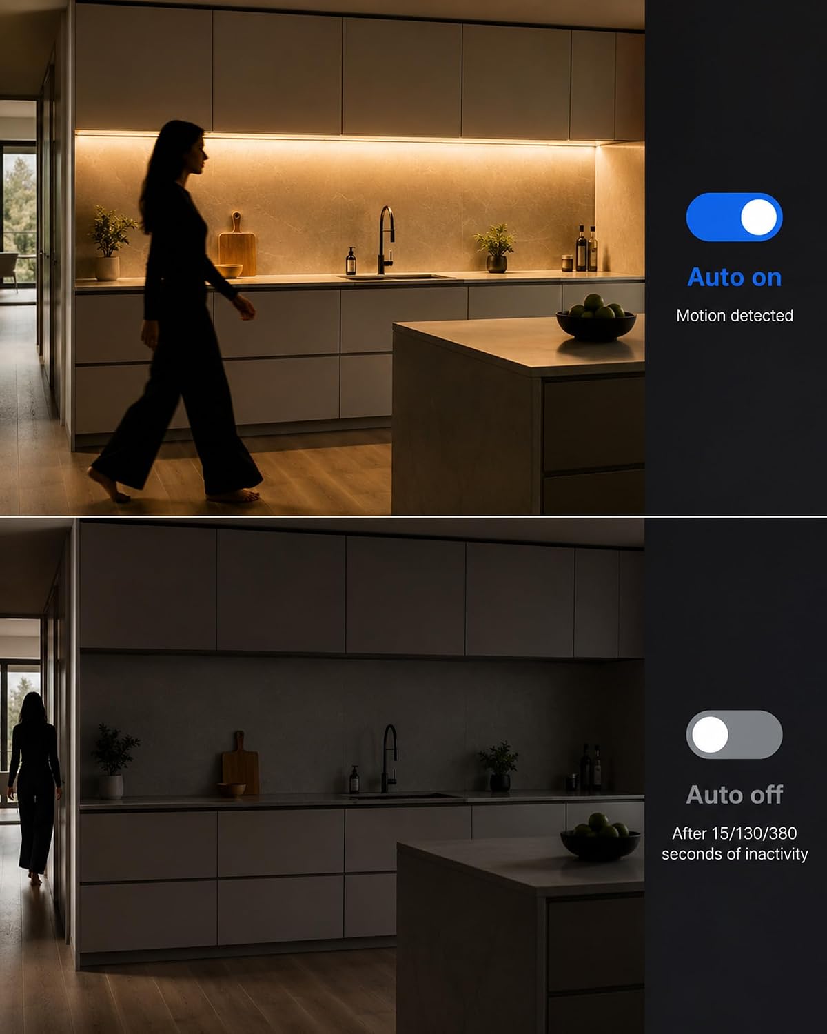 Rechargeable Motion Sensor LED Strip for Cabinet (2Pack-6.6FT, Cool White) | Motion Activated, 1500mAh Battery, Cuttable, Auto On/Off, Self-Adhesive, for Kitchen, Stairwell, Hallway, Garage, Basement