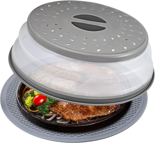 Microwave Splatter Cover Collapsible Microwave Cover for Food 10.5 inch | Easy Grip Handle, Fruit Drainer, BPA-Free, Dishwasher Safe, Grey