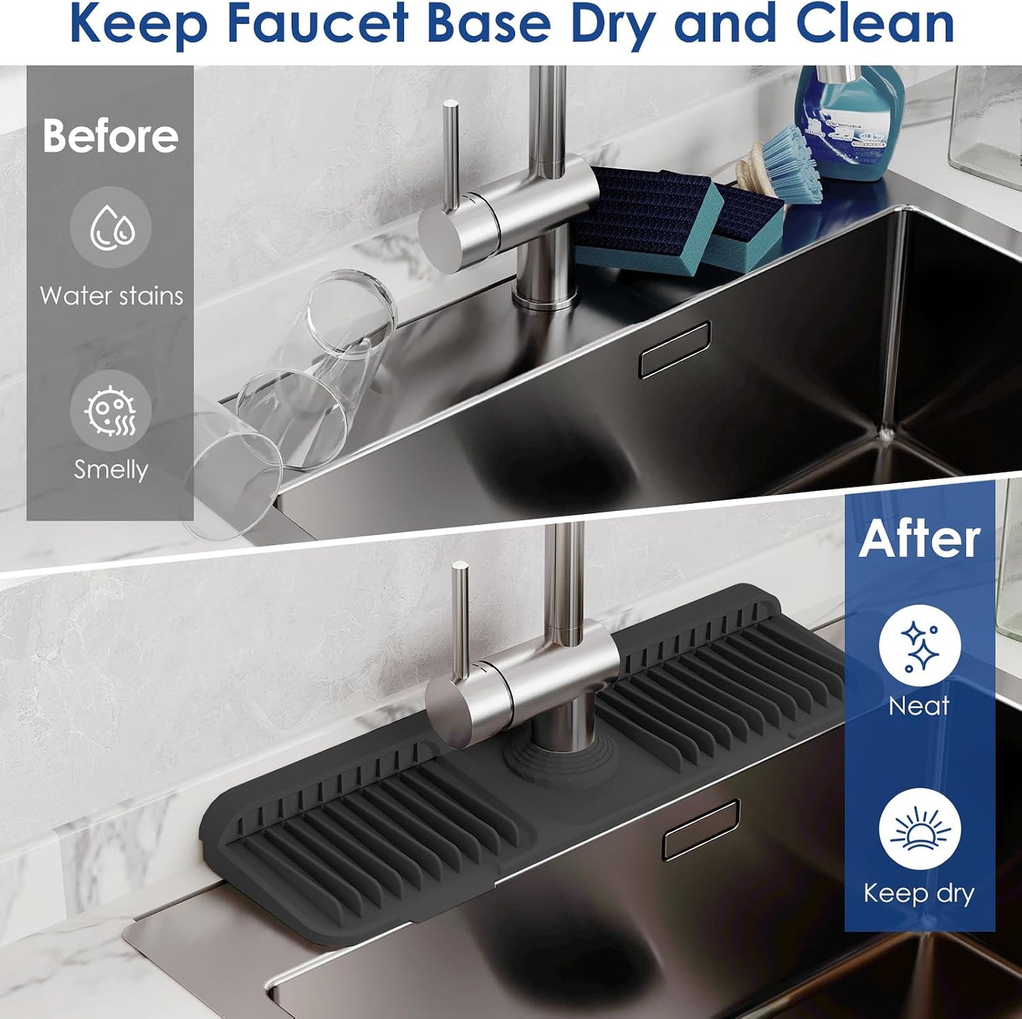24-Inch Silicone Faucet Mat for Kitchen Sink Splash Guard, 7° Slope | 24"x5.5" water draining mat with fasten button; 1.6-2.75" customizable hole for bathroom, RV & kitchen sink drip catcher.