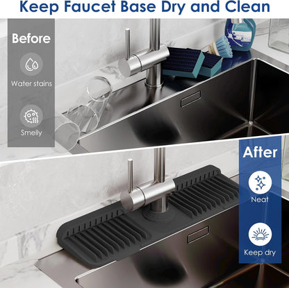 24-Inch Silicone Faucet Mat for Kitchen Sink Splash Guard, 7° Slope | 24"x5.5" water draining mat with fasten button; 1.6-2.75" customizable hole for bathroom, RV & kitchen sink drip catcher.