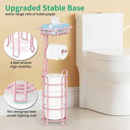 TomCare Toilet Paper Holder Free Standing with Shelf, Stable 4 Raised Feet | Stores 4 Mega Rolls, Tool-Free Assembly, Powder-Coated Metal Frame, Bathroom Storage Organizer for Spare Rolls, Silver