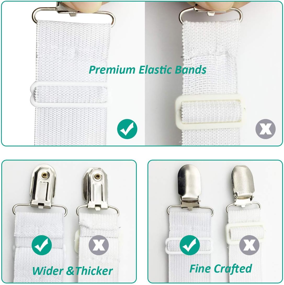 RayTour Bed Sheet Holder Straps 4 Pack - Elastic Sheet Keepers for Fitted Sheets | Four adjustable three-clip holders secure one fitted sheet; wide elastic straps help keep all four mattress corners in place.