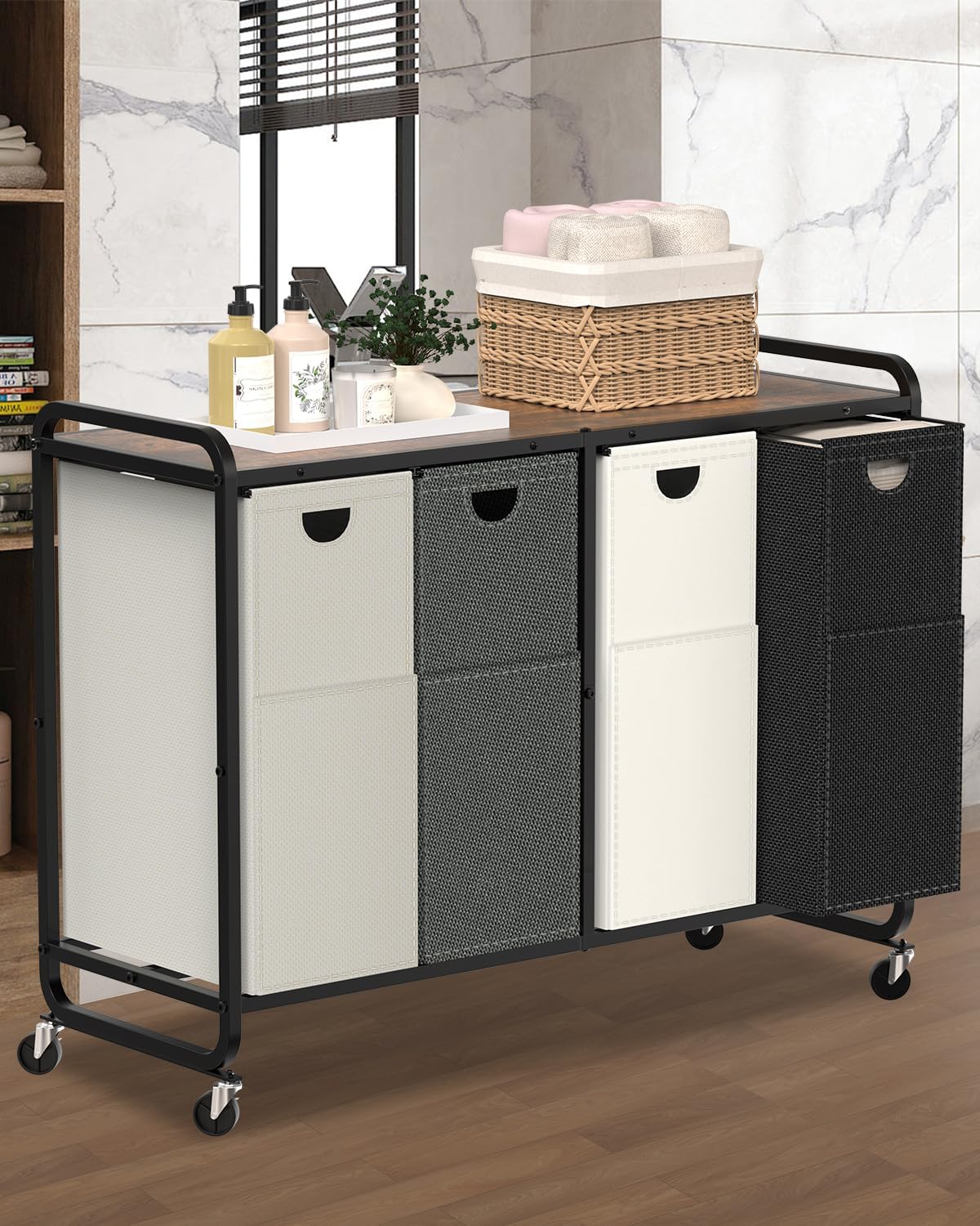 Laundry Sorter 3 Section,Laundry Basket with Wheels,3×15.8 Gal (60L) | Laundry Room Organization with Wooden Desktop Shelf,Pull-Out and Removable 900D Oxford Fabric Laundry Bags for Laundry Room