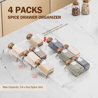 Spice Drawer Organizer, 8 Pack Clear Seasoning Organizer Rack | Expandable From 11" to 22" Wide, Kitchen Spice Rack Organizers for Drawer, Countertop, (Jars Not Included)