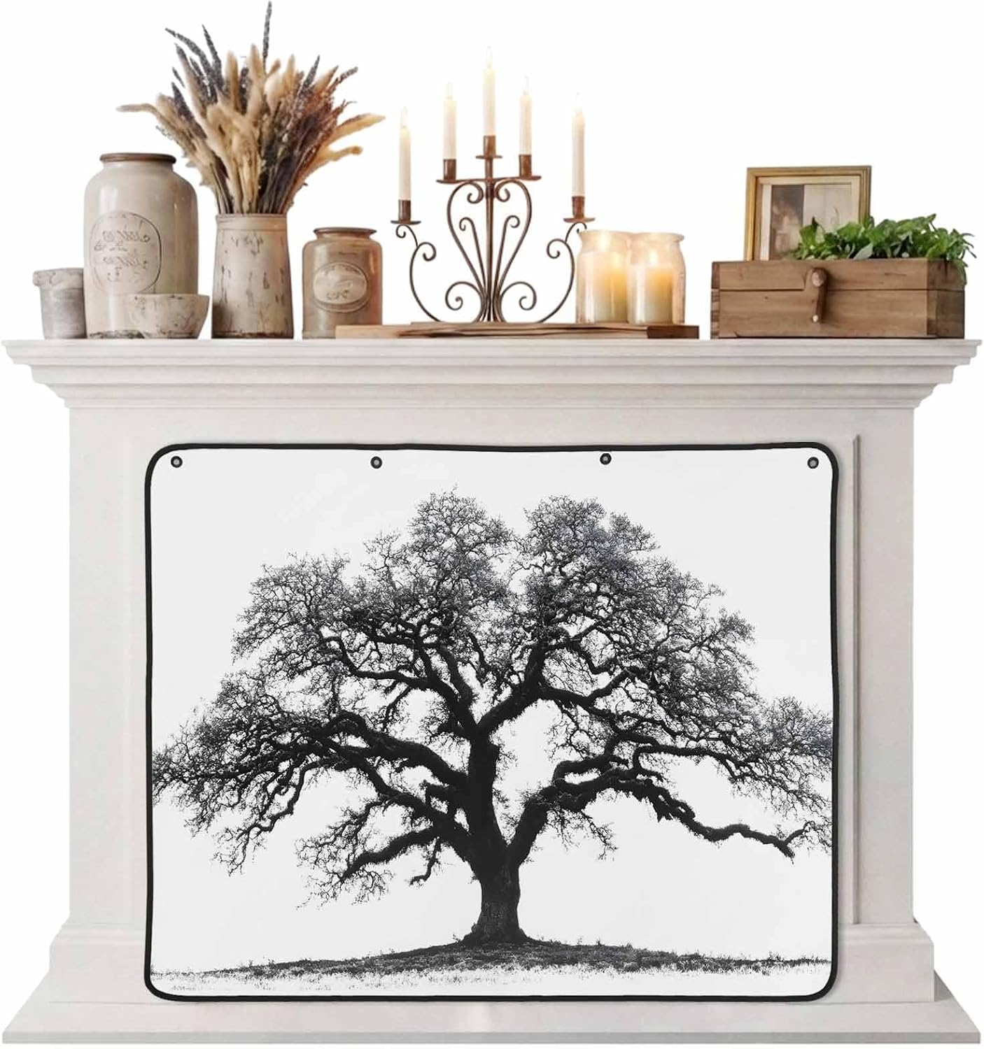 Magnetic Fireplace Cover Oak Tree Forest Fireplace Screen Decorative Black Deep Roots Branches Insulation Fireplace Blocker Blanket Save Energy Fireplace Draft Stopper Covers for Living Room 36x30