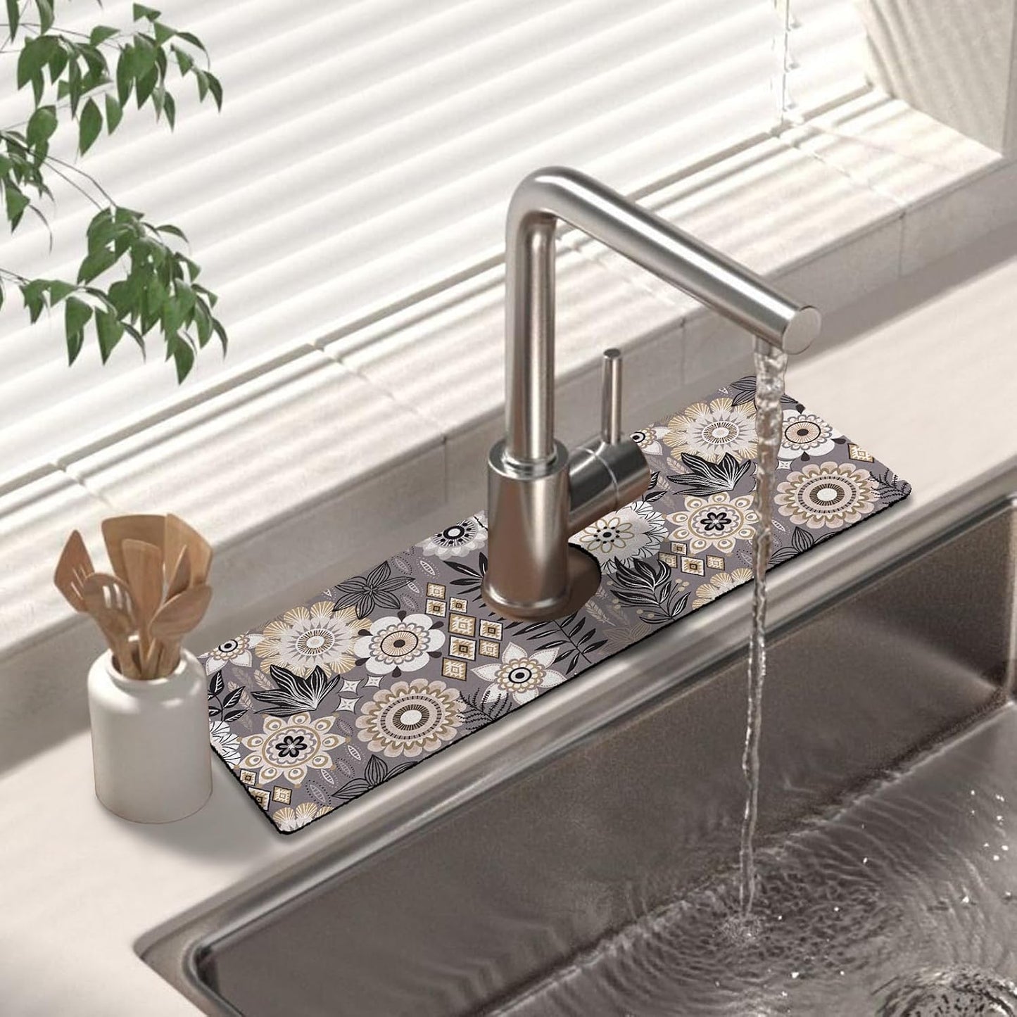 Kitchen Sink Splash Guard Faucet Mat 24" X 5.5" Tropical Leavesl Absorbent Fast Drying Mat Faucet Draining Mat Sink Splash Guard Behind Faucet Drip Catcher for Kitchen Bathroom