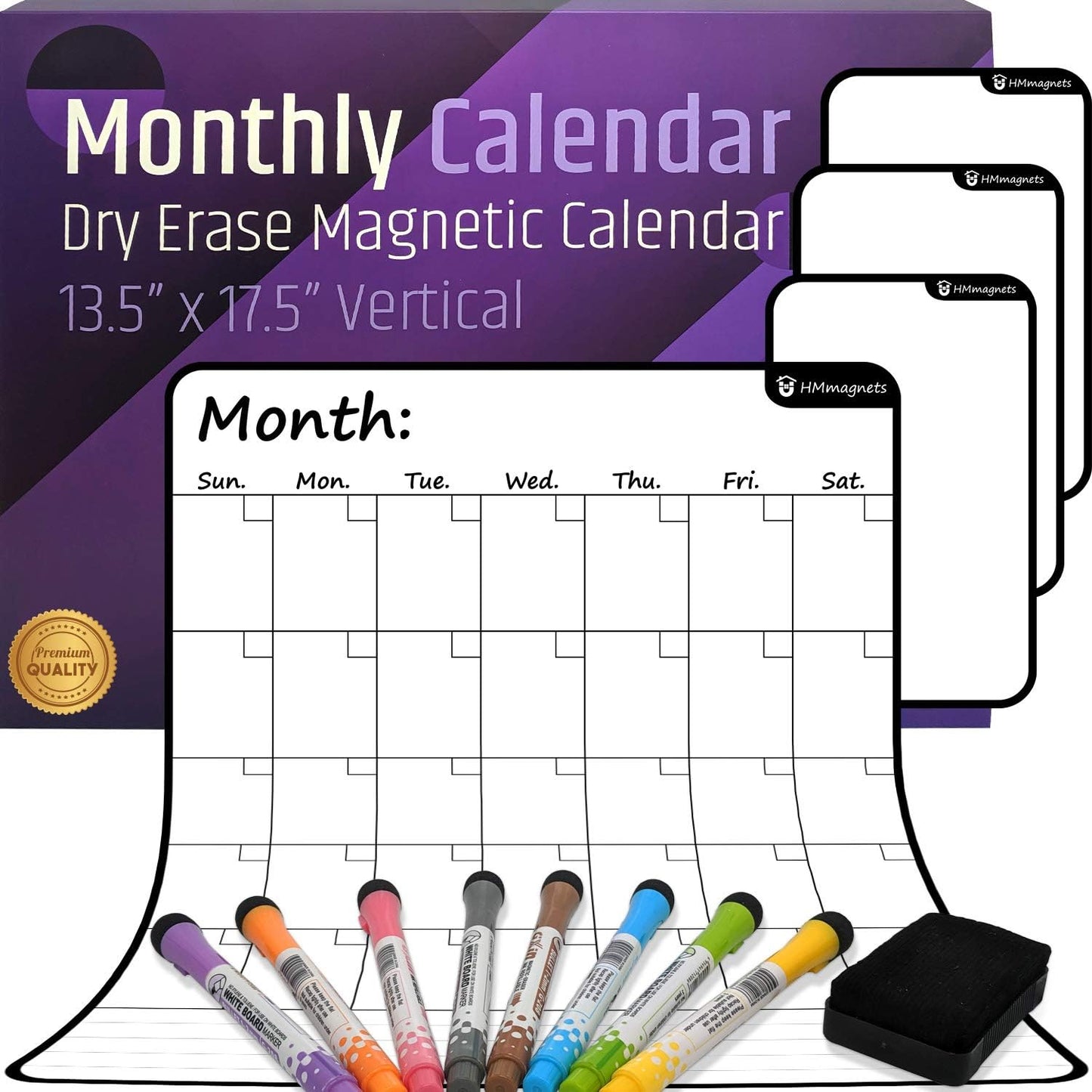 Large Dry-Erase Magnetic Monthly Calendar + Free Bonus: 3 Grocery/to-Do List Whiteboards (Organizer/Planner) for Kitchen Fridge - Full Set: 8 Markers + Eraser | Stain Free | Horizontal