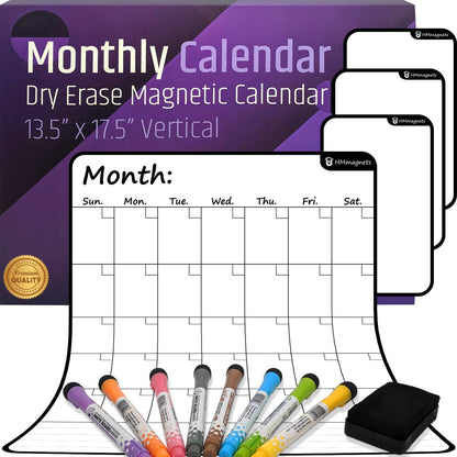 Large Dry-Erase Magnetic Monthly Calendar + Free Bonus: 3 Grocery/to-Do List Whiteboards (Organizer/Planner) for Kitchen Fridge - Full Set: 8 Markers + Eraser | Stain Free | Horizontal