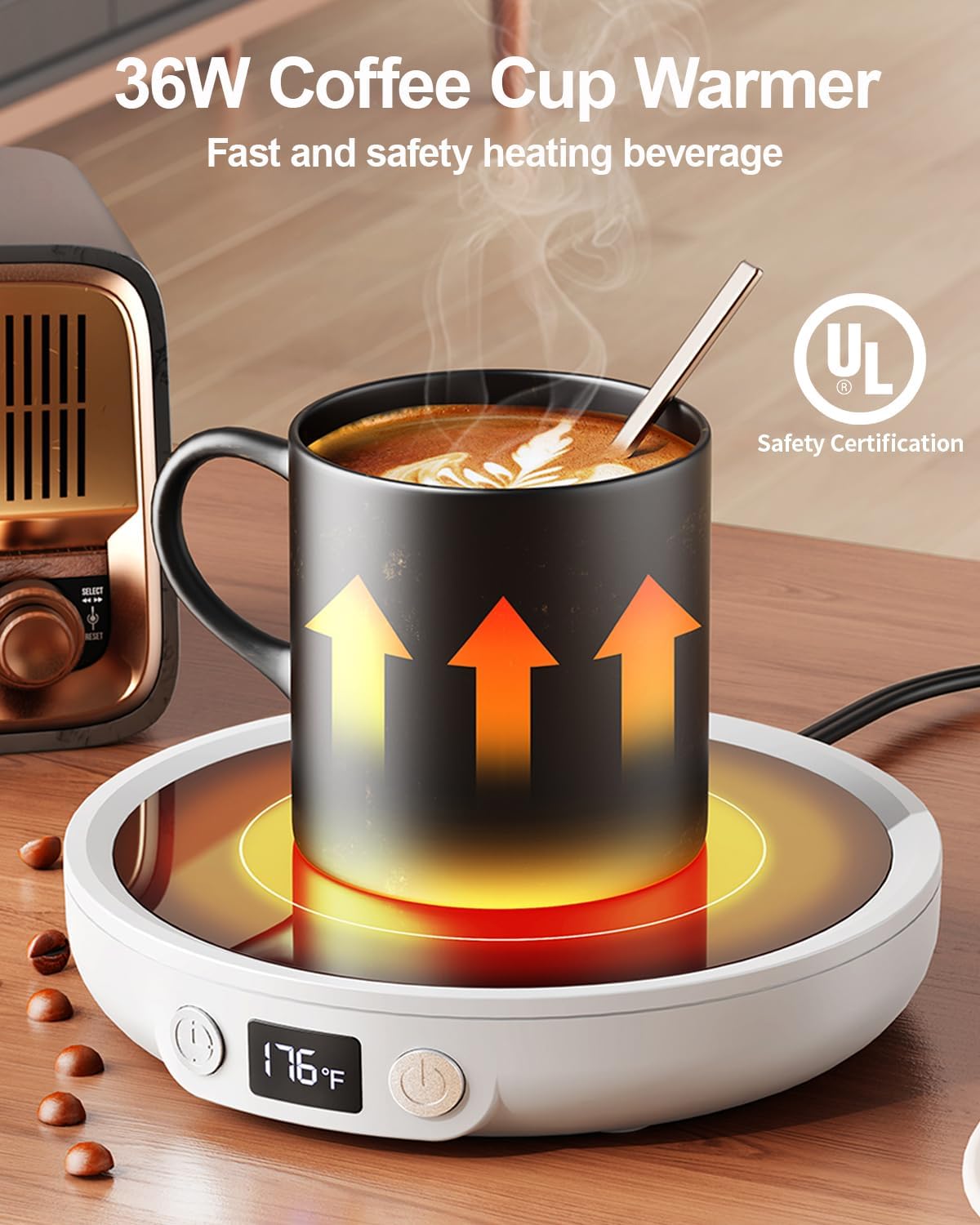 SWEETFULL Mug Warmer for Desk, Coffee Cup Warmer with Timer - Wood | 36W Fast Heating, 3-Temp Setting, Digital Display, 2-12H Timer, Smart Electric Coffee Candle Plate, Ideal Gifts for Women Men