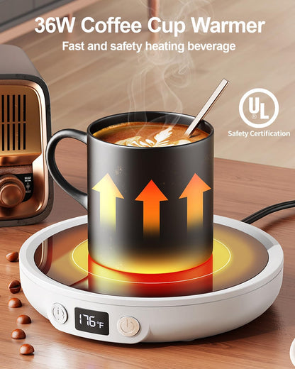 SWEETFULL Mug Warmer for Desk, Coffee Cup Warmer with Timer - Wood | 36W Fast Heating, 3-Temp Setting, Digital Display, 2-12H Timer, Smart Electric Coffee Candle Plate, Ideal Gifts for Women Men