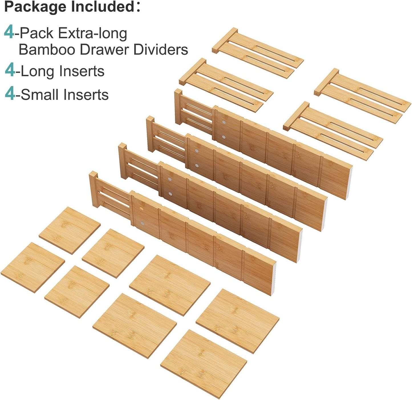 4.4" High Drawer Dividers with Inserts, Bamboo Drawer Dividers for Clothes, Expandable from 12-17.5", Adjustable drawer organizer for Bedroom, Kitchen & Office, 4 Dividers with 8 Insert.
