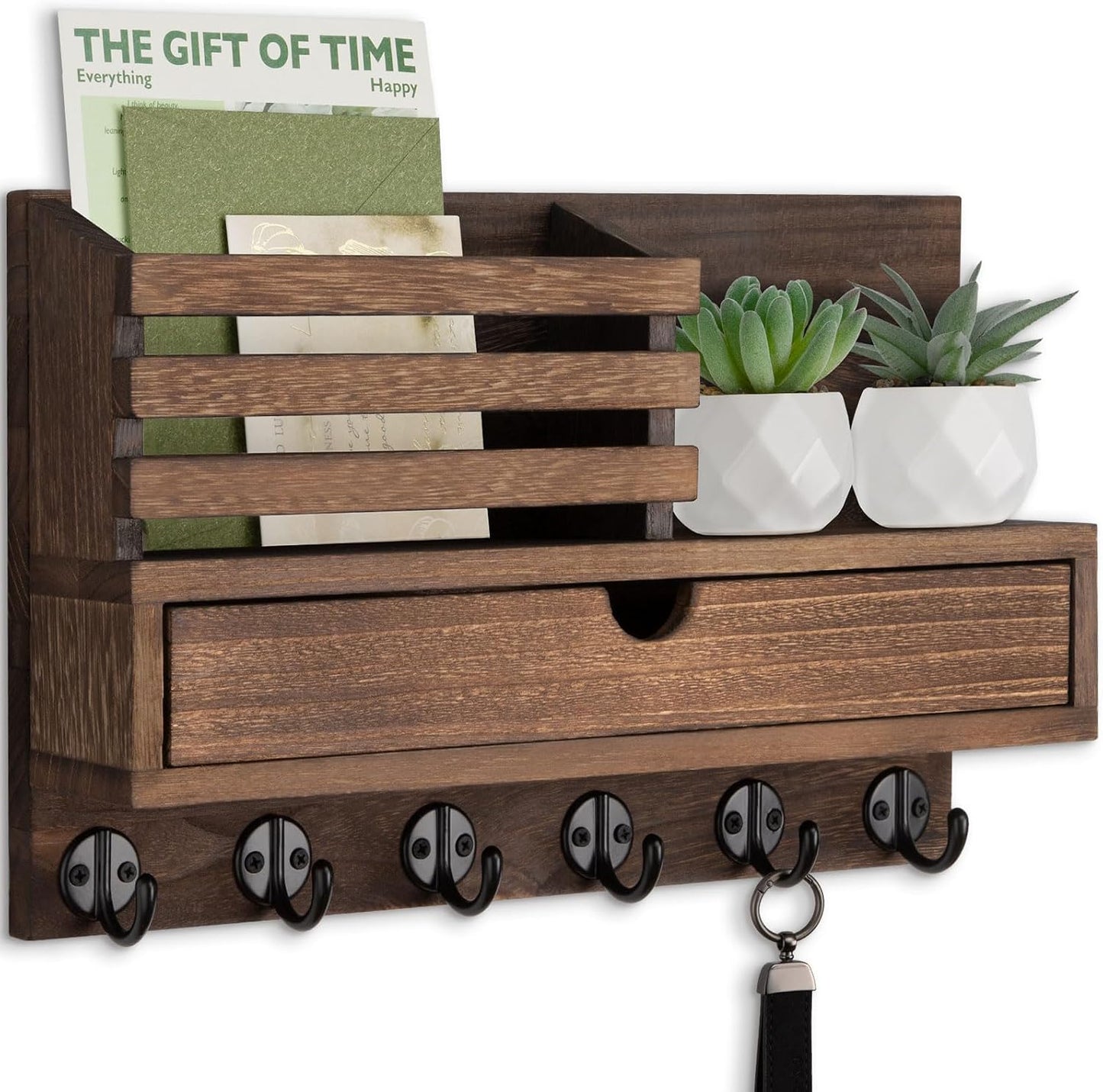 Key Holder Wall Mount, Mail Holder with Storage Drawer | Key and Mail Holder with 5 Key Hooks for Coat, Dog Leash, Home Decor Rack, House Accessories, Entry Way Organizer