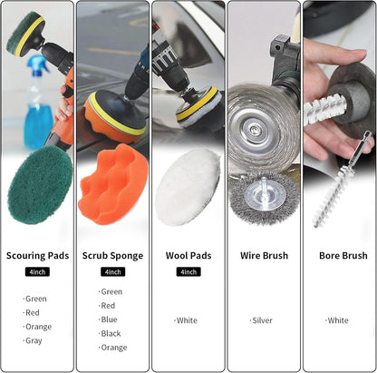 48 Pcs Drill Brush Attachments Set, Scrub Pads & Sponge & Wire Brush for Drill, Power Scrubber Brush with Extend Long Attachment, Drill Scrubber Brush Kit for Bathroom, Floor, Car, Grout