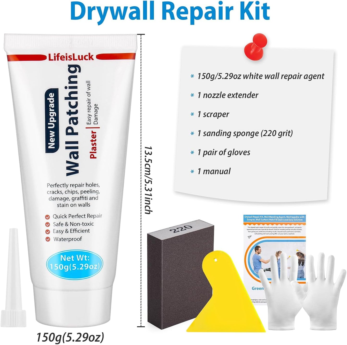 Drywall Repair Kit, Drywall Patch Repair Kit with 8.8OZ White Wall Repair Putty, Scraper Sandpapers Gloves for Heavy Duty Plaster Wall Repair, Easy to Fill Holes in Home Wall & Quick Repair Crack