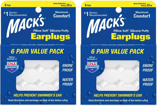 Mack's Pillow Soft Silicone Earplugs - 6 Pair, Value Pack of 2 – The Original Moldable Silicone Putty Ear Plugs for Sleeping, Snoring, Swimming, Travel, Concerts and Studying | Made in USA