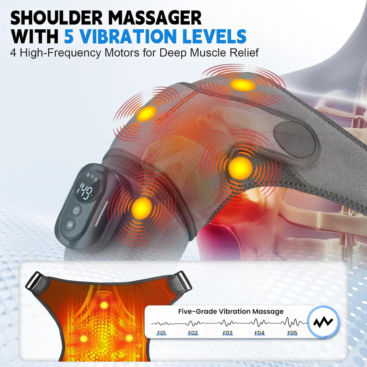 Cordless Shoulder Massager with Heat and Vibration, 3 Heat & 3 Vibration