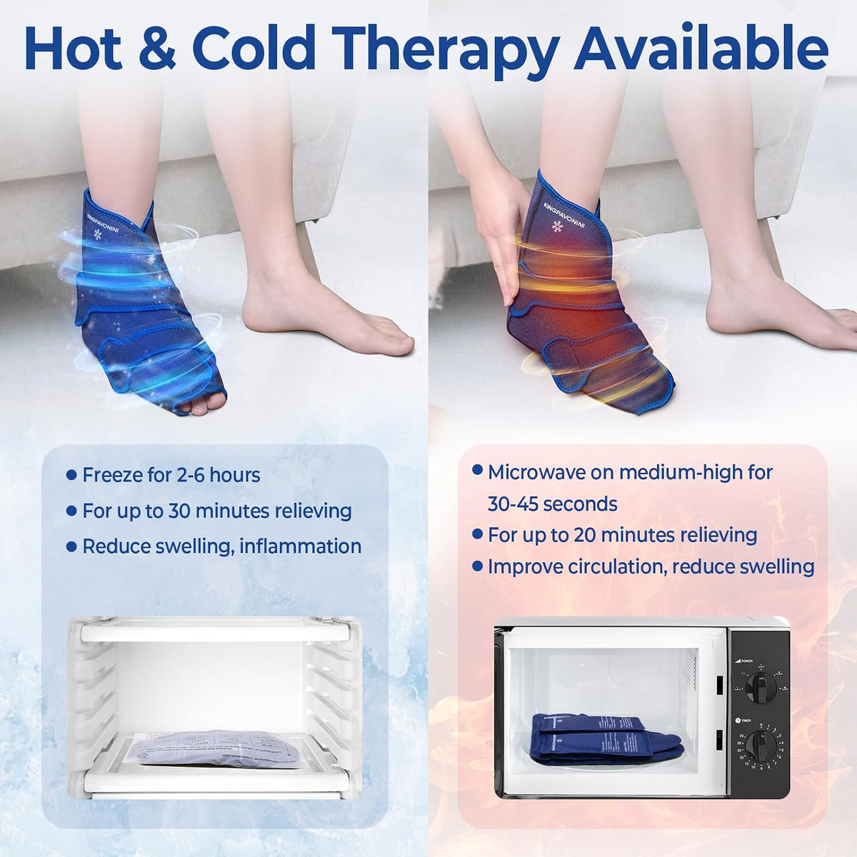 KingPavonini Ankle Foot Ice Pack Wrap, XL, Blue, 1 Wrap + 4 Gel Packs