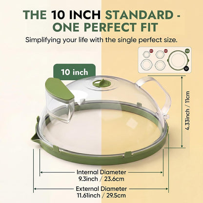 10-Inch Microwave Splatter Cover with Water Steamer, Green | Clear plate cover with adjustable vent and handle for plates, bowls, dishes and reheating leftovers