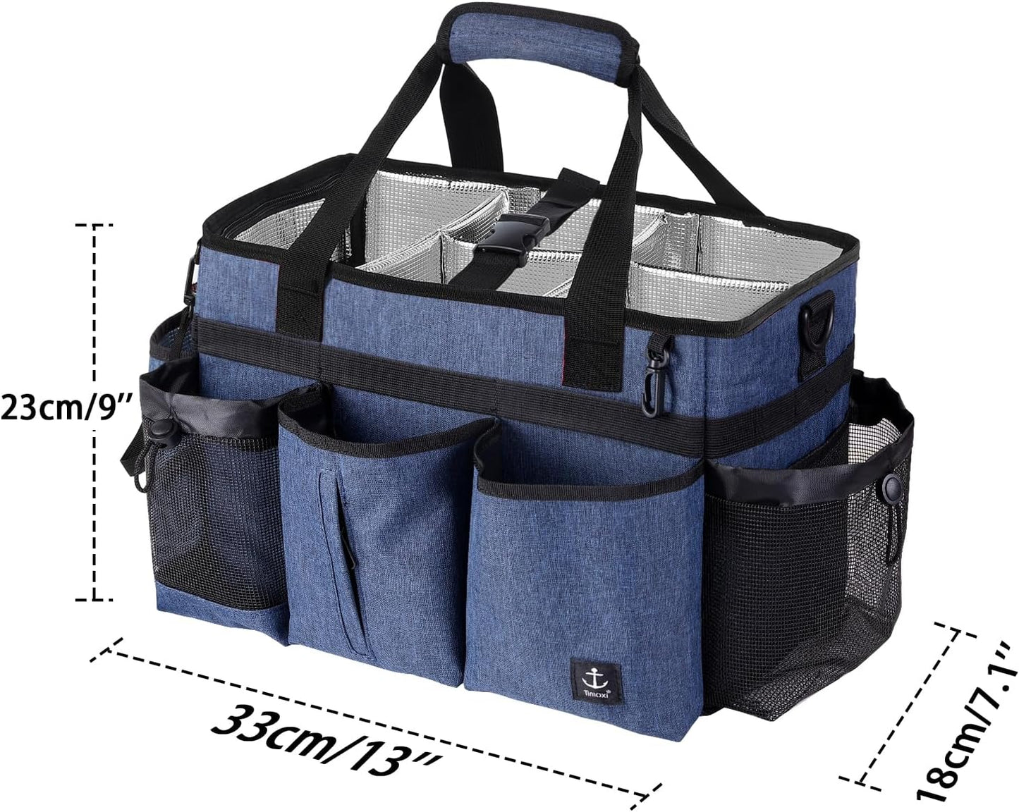 Large Cleaning Caddy Bag Built-in hard plastic sheet Aluminum foil lining | Waterproof nylon, aluminum foil lining, detachable dividers, dual straps for housekeepers