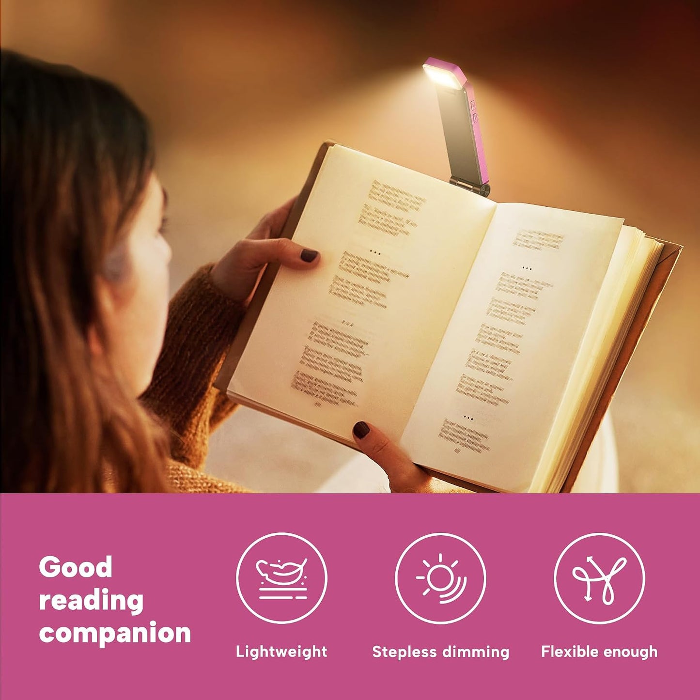 86lux Book Light, Rechargeable Reading Lights for Books in Bed | Ultralight Clip-on LED Bookmark Lamp with 3 Amber Colors & Stepless Dimming for Night Reading for Book Lovers, Ashen