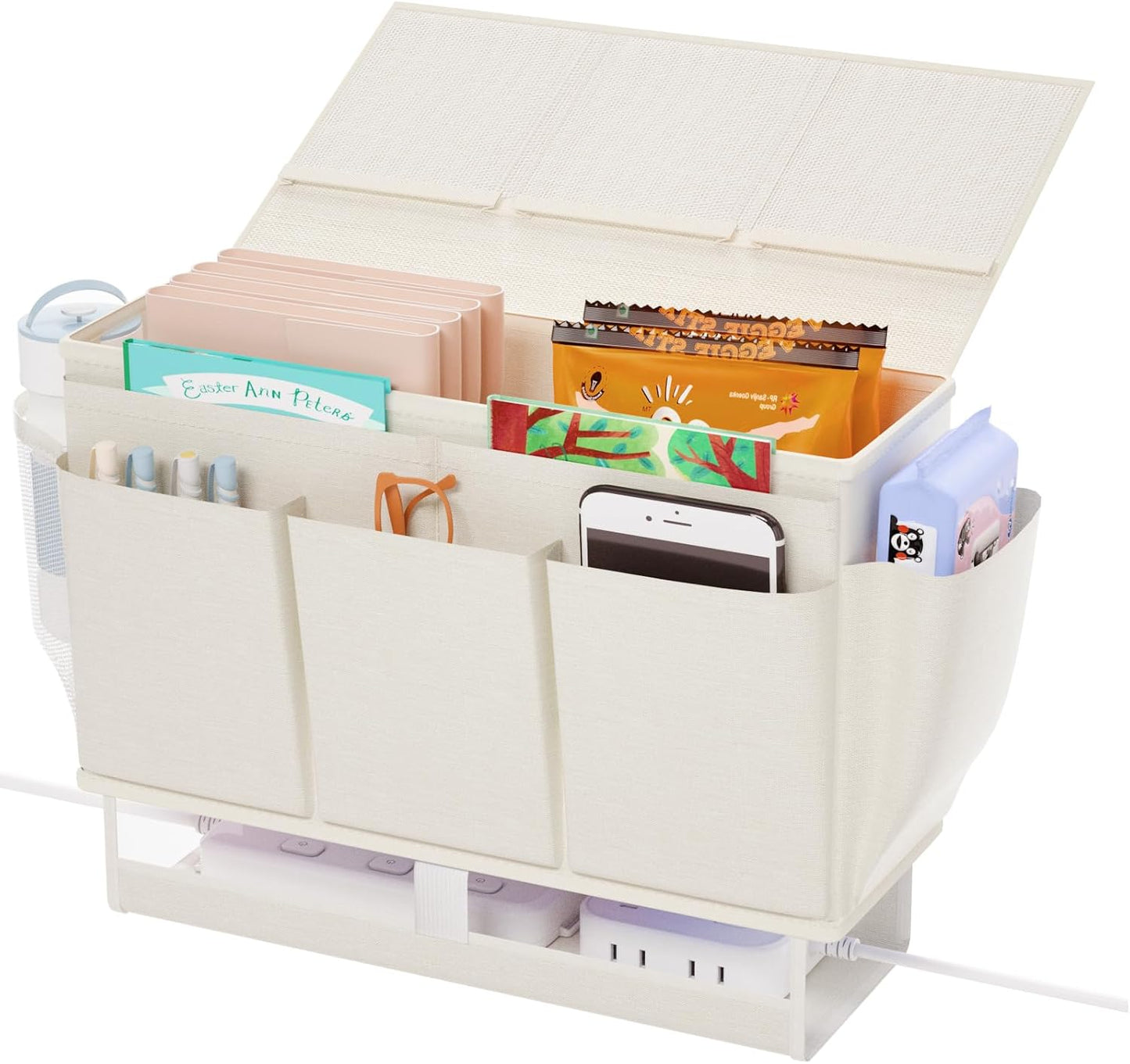 Bedside Caddy Bedside Organizer,Bed Caddy with 11 Pockets and Power Strip Holder,Versatile Bedside Storage Caddy for Home,Dorm,Bunk,Hospital,Crib Bed (Pink)