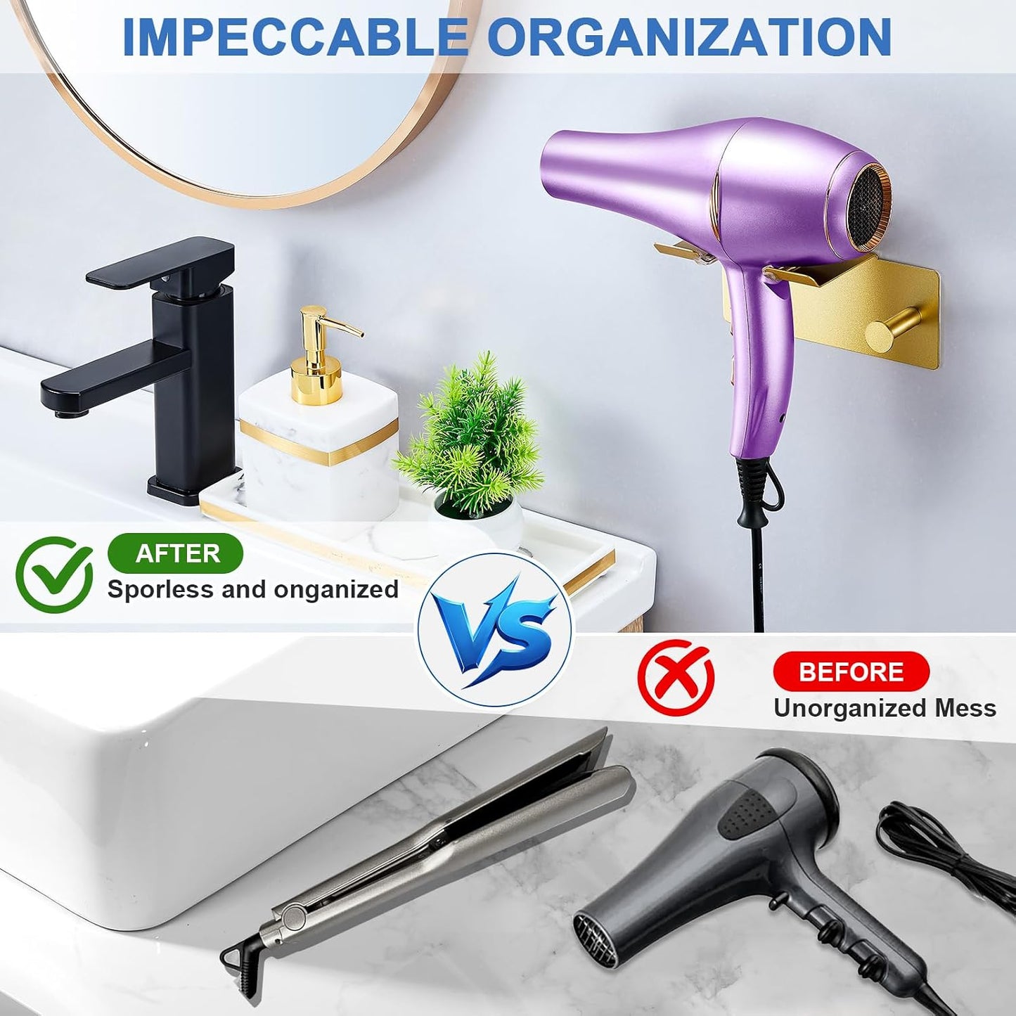 Hair Dryer Holder Wall Mounted, Blow Dryer Holder Adhesive, Metal Hairdryer Holder for Bathroom, Hair Tool Organizer with Plug&Cord for Cabinet Bathroom Bedroom Barber Shops (Rose Gold)