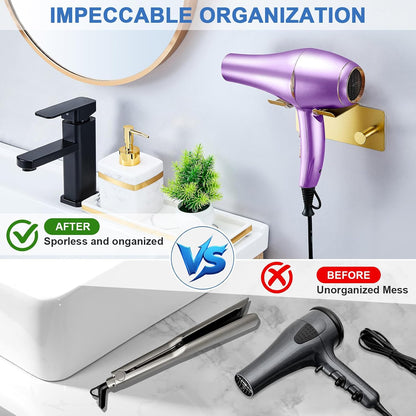 Hair Dryer Holder Wall Mounted, Blow Dryer Holder Adhesive, Metal Hairdryer Holder for Bathroom, Hair Tool Organizer with Plug&Cord for Cabinet Bathroom Bedroom Barber Shops (Rose Gold)