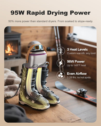 Boot Dryer, 11.8 in Extendable Hoses, 3 Heat Levels, 1-9H Timer | 95W Dual-Fan Airflow, Ozone Freshening Mode, for Work Boots, Ski Boots, Rain Boots, Sneakers and Gloves, Auto Shut-Off