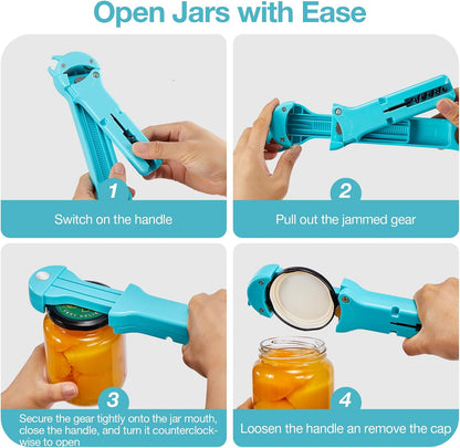 Jar Opener for Seniors with Arthritis, 7 in 1 Bottle Opener and Wine Corkscrew, Easy Grip Kitchen Gadget for Weak Hands Elderly, Retractable Jaw Lid Opener with Magnetic Storage (Teal)