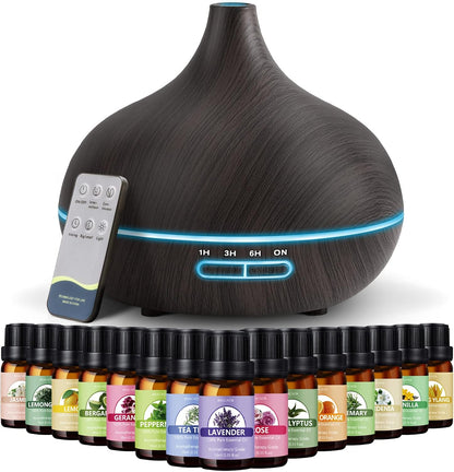 SACATR 500ml Essential Oil Diffuser with 15 Essential Oils, Ultrasonic Cool Mist Humidifier, Remote Control, 4 Timers, 15 Color Lights, Auto Shut-Off