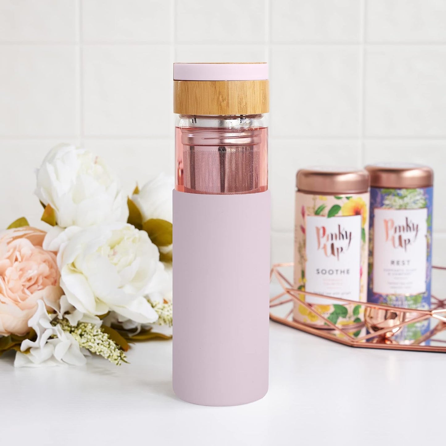 Pinky Up Blair Travel Tea Infuser Mug, Double Walled Insulated Travel Tumbler with Loose Leaf Tea Strainer, Travel Coffee Mug, Keeps Drinks Hot or Cold, 16 oz, White Leaf