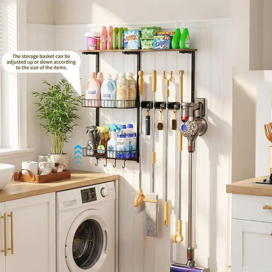 Broom Holder Wall Mount，With A Storage Basket Cleaning Tool Storage Rack | Multifunctional Broom And Mop Organizer Wall Hanger,Suitable Laundry Room 、Garage 、Kitchen Wall-mounted Storage Rack （Black）